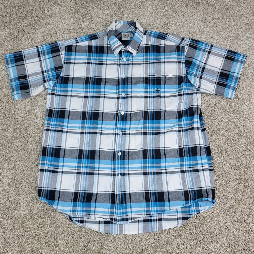 Cinch Mens Large Blue Black White Plaid Button Down Short Sleeve - Picture 2 of 5